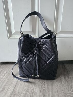 Lauren Ralph Lauren Debby Quilted Leather Bucket Bag Navy Drawstring RLL